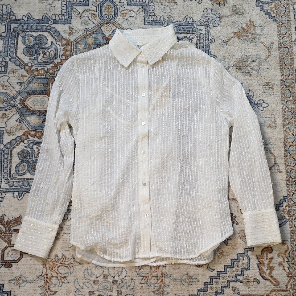 Elie Tahari White Sequined Textured Button Up Collared NWT Shirt